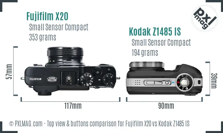 Fujifilm X20 vs Kodak Z1485 IS top view buttons comparison