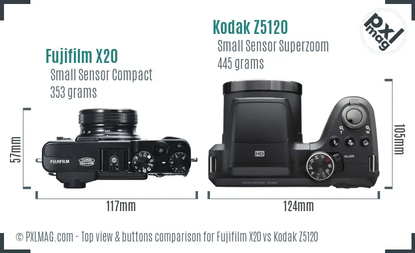 Fujifilm X20 vs Kodak Z5120 top view buttons comparison