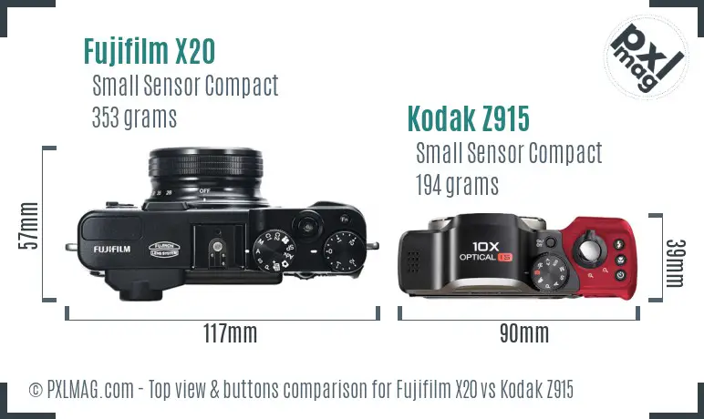 Fujifilm X20 vs Kodak Z915 top view buttons comparison