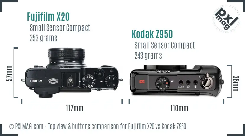 Fujifilm X20 vs Kodak Z950 top view buttons comparison