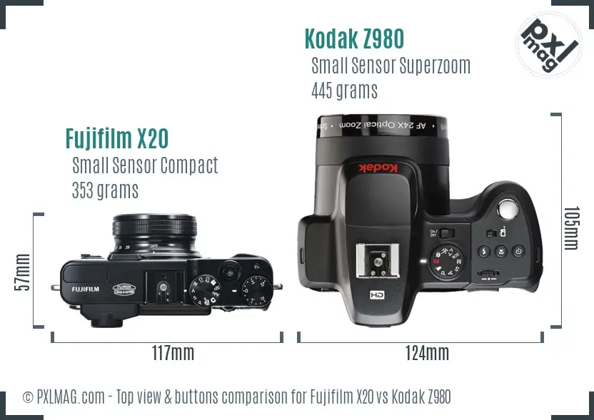 Fujifilm X20 vs Kodak Z980 top view buttons comparison
