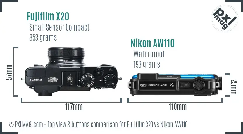 Fujifilm X20 vs Nikon AW110 top view buttons comparison