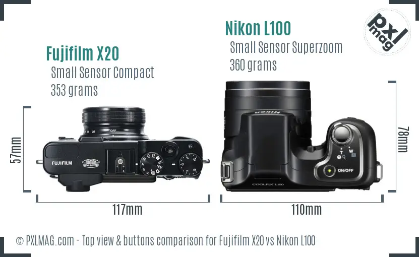 Fujifilm X20 vs Nikon L100 top view buttons comparison