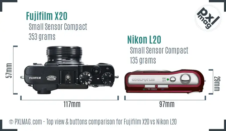 Fujifilm X20 vs Nikon L20 top view buttons comparison