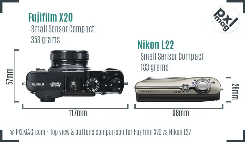 Fujifilm X20 vs Nikon L22 top view buttons comparison