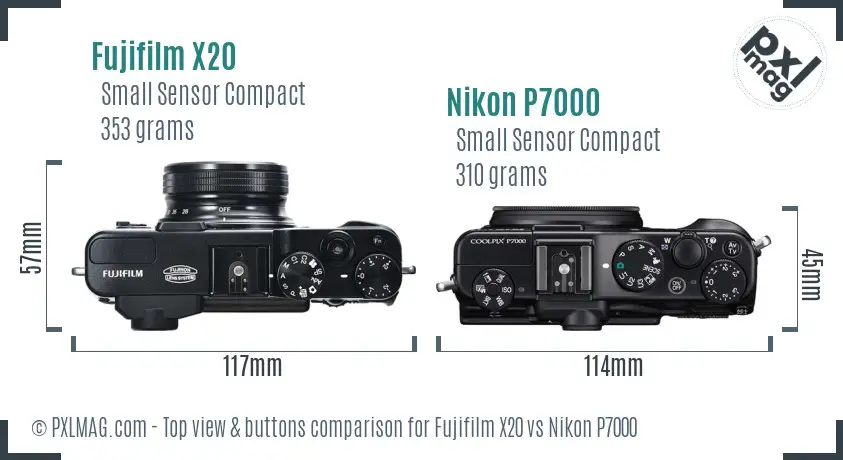 Fujifilm X20 vs Nikon P7000 top view buttons comparison