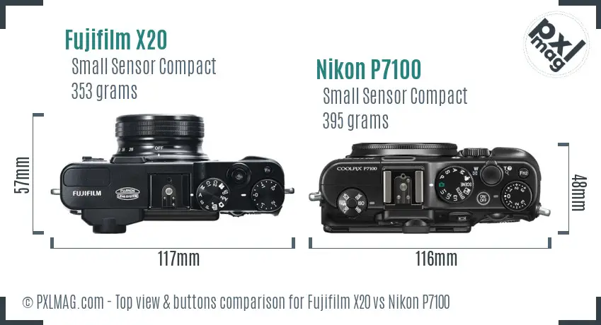 Fujifilm X20 vs Nikon P7100 top view buttons comparison