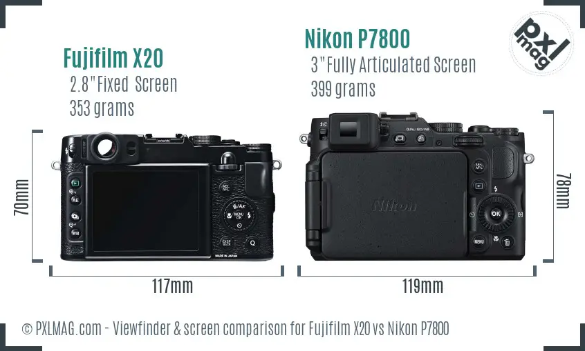 Fujifilm X20 vs Nikon P7800 Screen and Viewfinder comparison