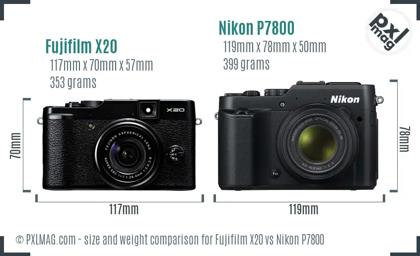 Fujifilm X20 vs Nikon P7800 size comparison