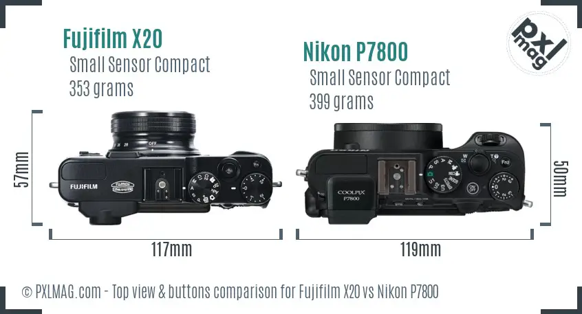 Fujifilm X20 vs Nikon P7800 top view buttons comparison