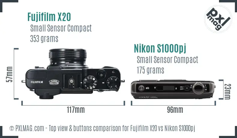 Fujifilm X20 vs Nikon S1000pj top view buttons comparison