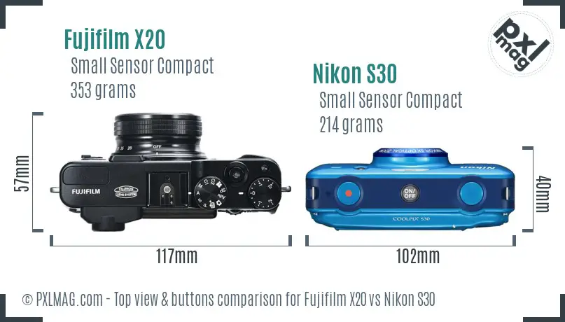 Fujifilm X20 vs Nikon S30 top view buttons comparison