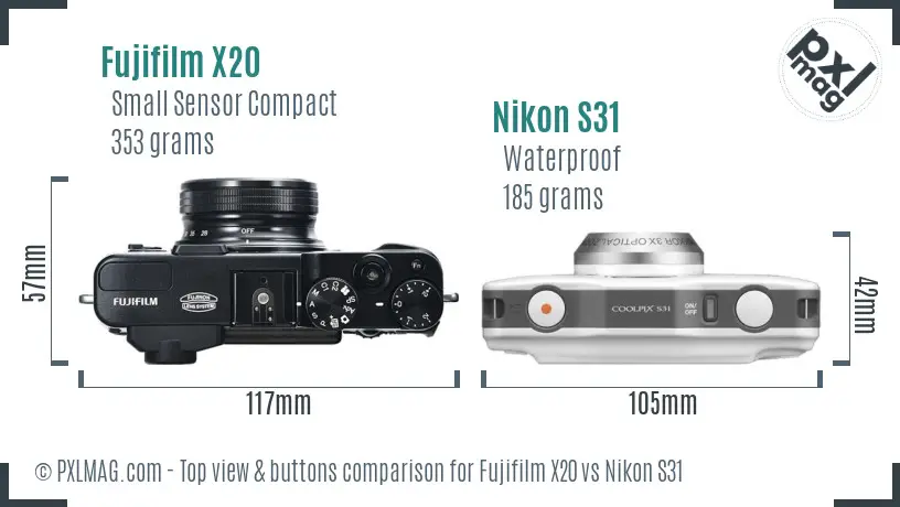 Fujifilm X20 vs Nikon S31 top view buttons comparison Fujifilm X20 vs Nikon S31 top view buttons comparison