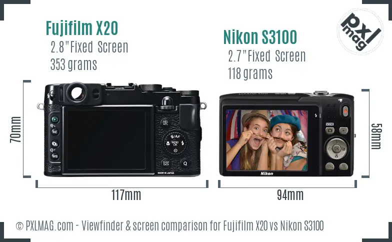 Fujifilm X20 vs Nikon S3100 Screen and Viewfinder comparison