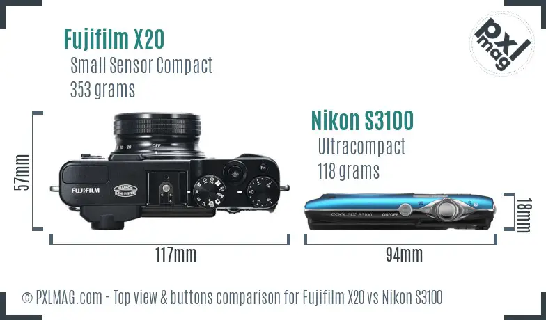 Fujifilm X20 vs Nikon S3100 top view buttons comparison