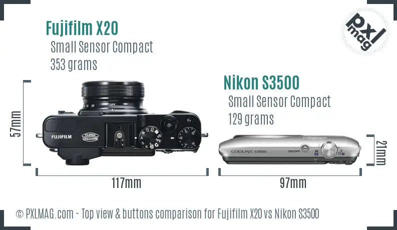 Fujifilm X20 vs Nikon S3500 top view buttons comparison