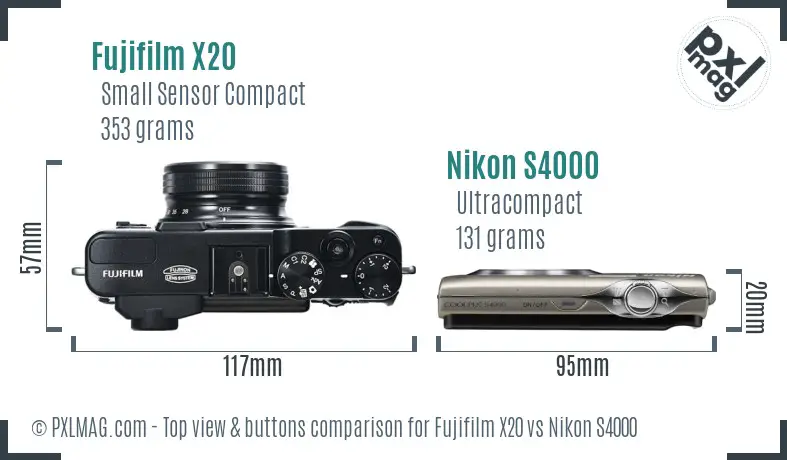 Fujifilm X20 vs Nikon S4000 top view buttons comparison