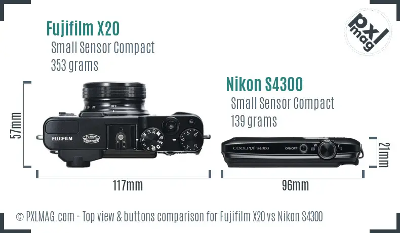 Fujifilm X20 vs Nikon S4300 top view buttons comparison