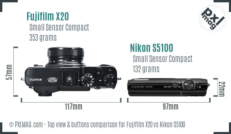 Fujifilm X20 vs Nikon S5100 top view buttons comparison
