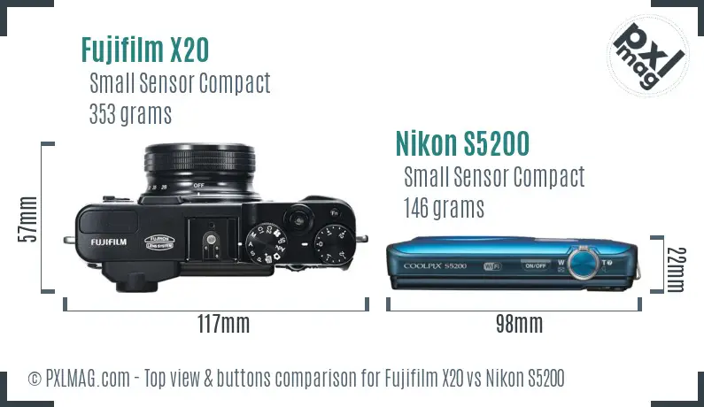 Fujifilm X20 vs Nikon S5200 top view buttons comparison