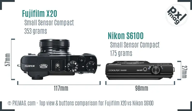 Fujifilm X20 vs Nikon S6100 top view buttons comparison