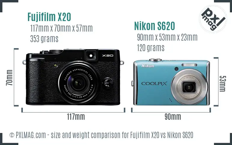 Fujifilm X20 vs Nikon S620 size comparison