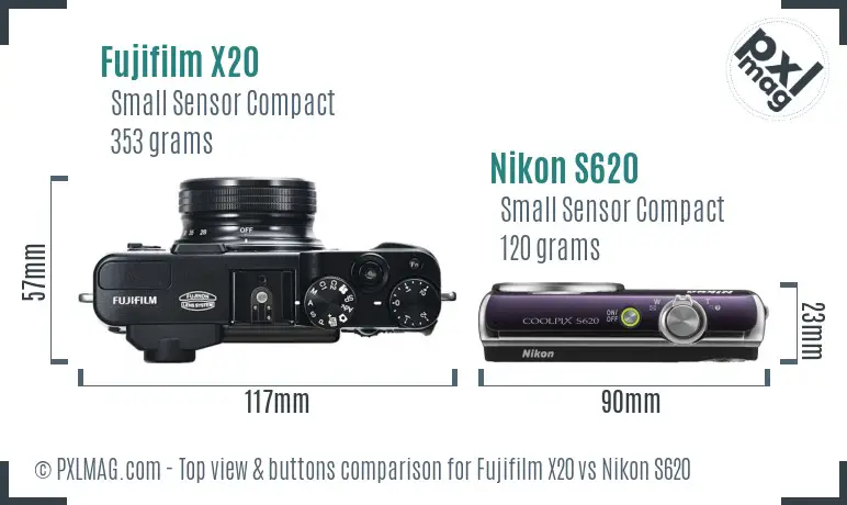 Fujifilm X20 vs Nikon S620 top view buttons comparison