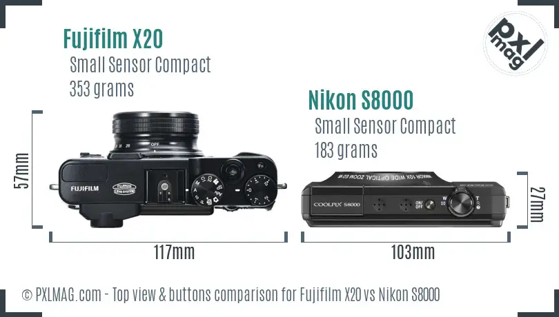 Fujifilm X20 vs Nikon S8000 top view buttons comparison