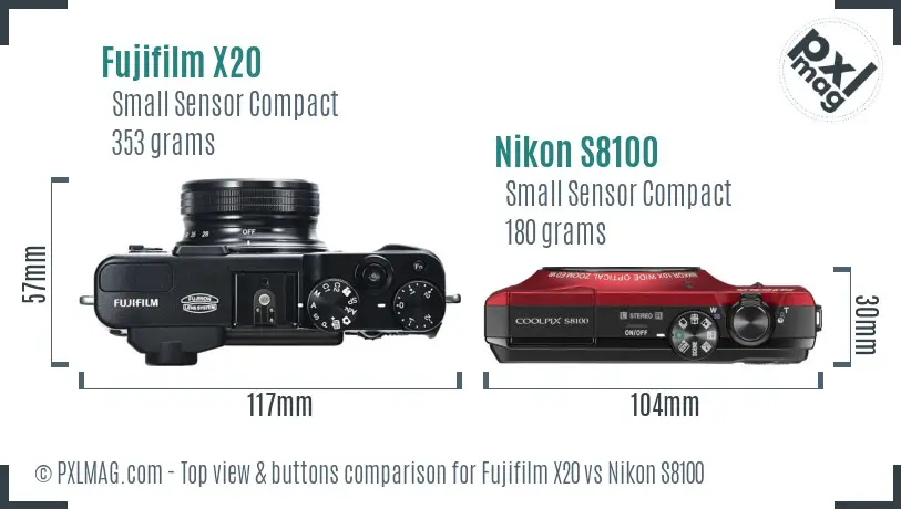 Fujifilm X20 vs Nikon S8100 top view buttons comparison