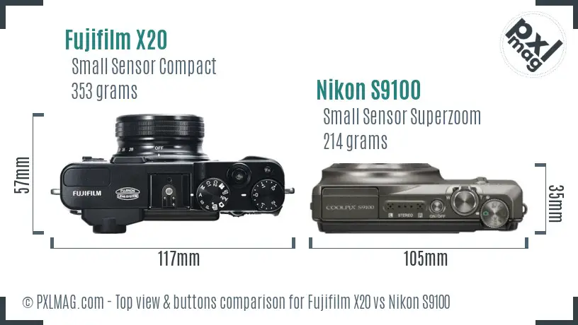 Fujifilm X20 vs Nikon S9100 top view buttons comparison