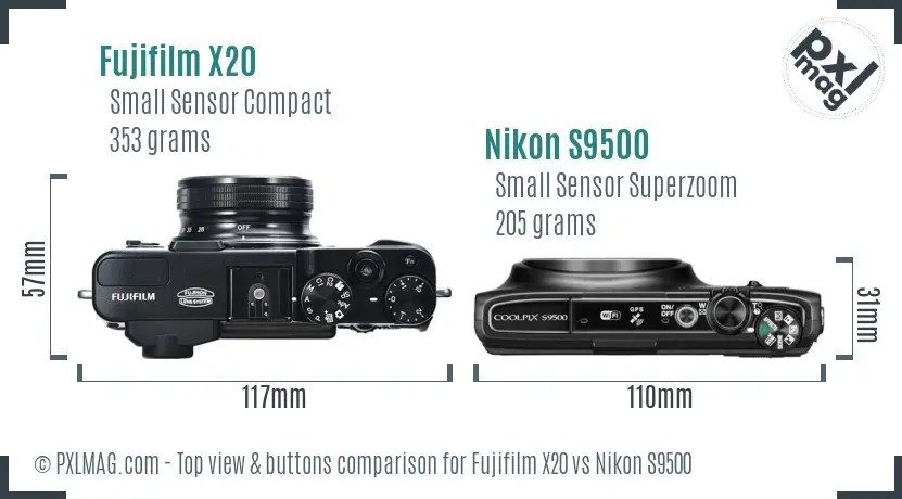 Fujifilm X20 vs Nikon S9500 top view buttons comparison