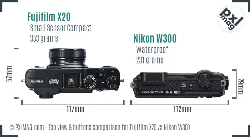 Fujifilm X20 vs Nikon W300 top view buttons comparison