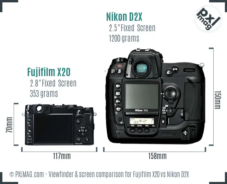 Fujifilm X20 vs Nikon D2X Screen and Viewfinder comparison