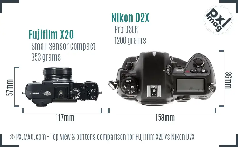 Fujifilm X20 vs Nikon D2X top view buttons comparison