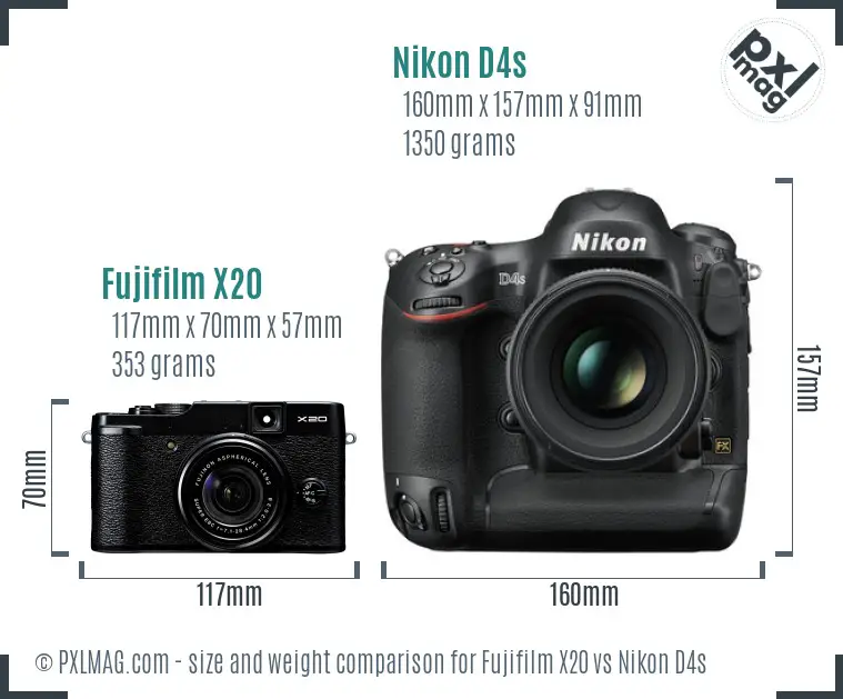 Fujifilm X20 vs Nikon D4s size comparison