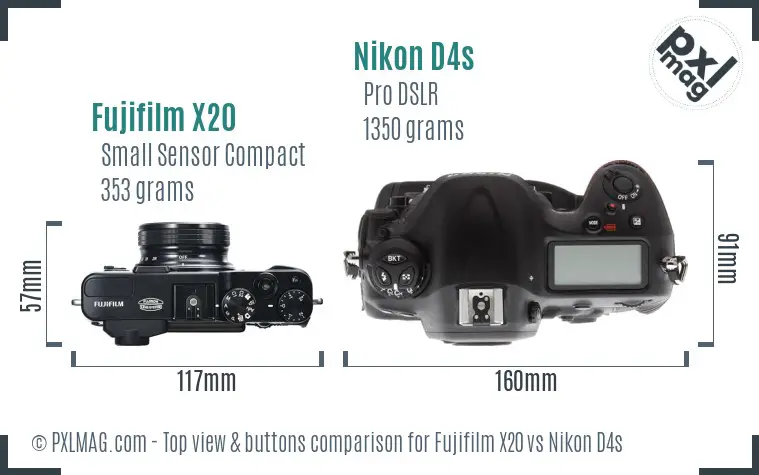Fujifilm X20 vs Nikon D4s top view buttons comparison