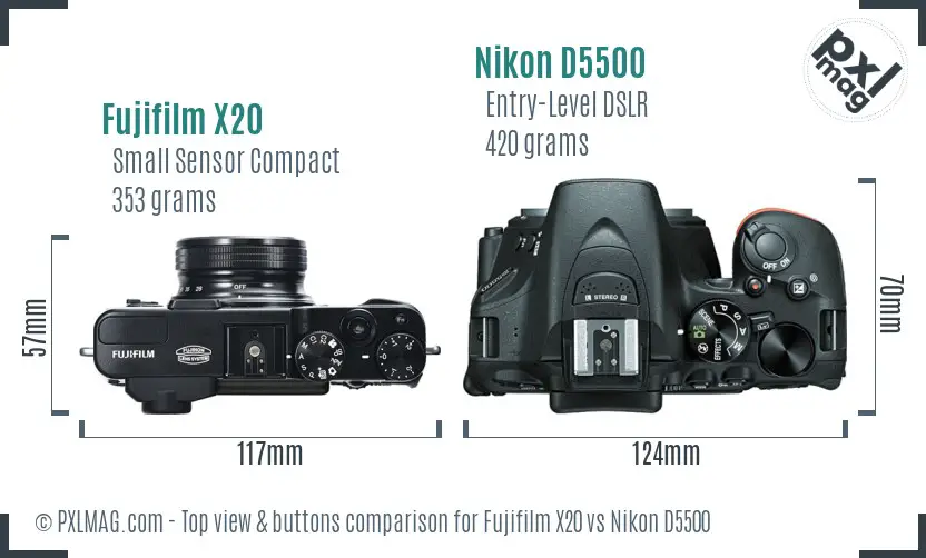 Fujifilm X20 vs Nikon D5500 top view buttons comparison