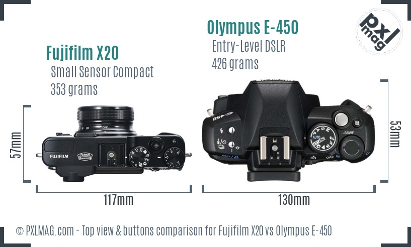 Fujifilm X20 vs Olympus E-450 top view buttons comparison