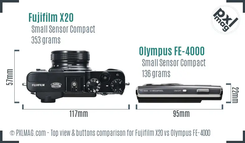 Fujifilm X20 vs Olympus FE-4000 top view buttons comparison