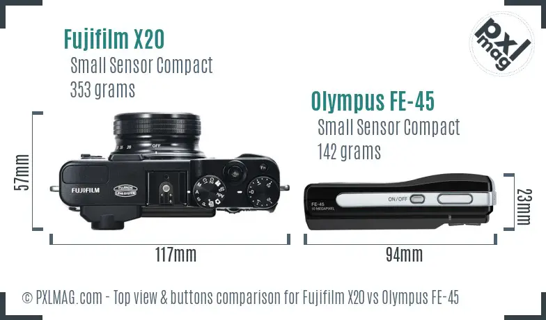 Fujifilm X20 vs Olympus FE-45 top view buttons comparison