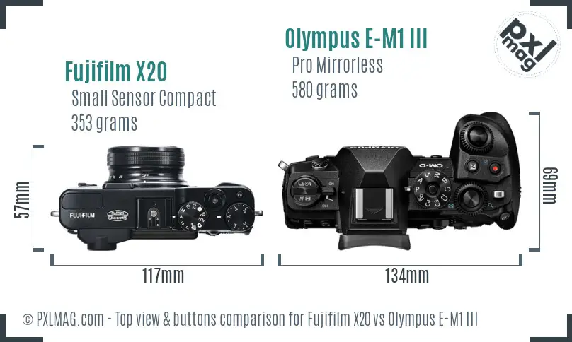 Fujifilm X20 vs Olympus E-M1 III top view buttons comparison Fujifilm X20 vs Olympus E-M1 III top view buttons comparison