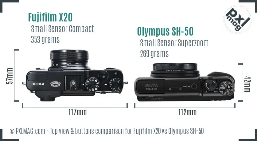 Fujifilm X20 vs Olympus SH-50 top view buttons comparison