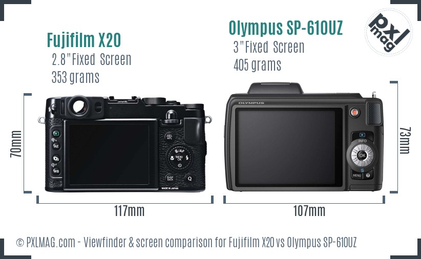 Fujifilm X20 vs Olympus SP-610UZ Screen and Viewfinder comparison
