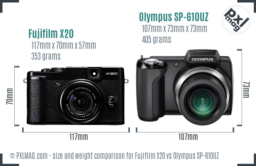 Fujifilm X20 vs Olympus SP-610UZ size comparison