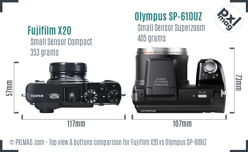 Fujifilm X20 vs Olympus SP-610UZ top view buttons comparison
