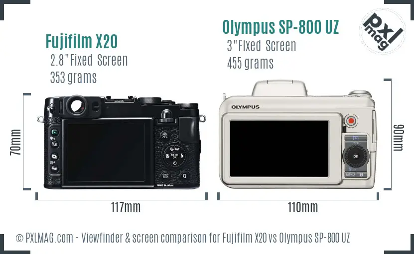 Fujifilm X20 vs Olympus SP-800 UZ Screen and Viewfinder comparison