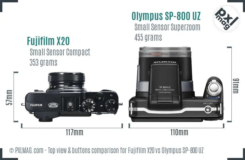 Fujifilm X20 vs Olympus SP-800 UZ top view buttons comparison