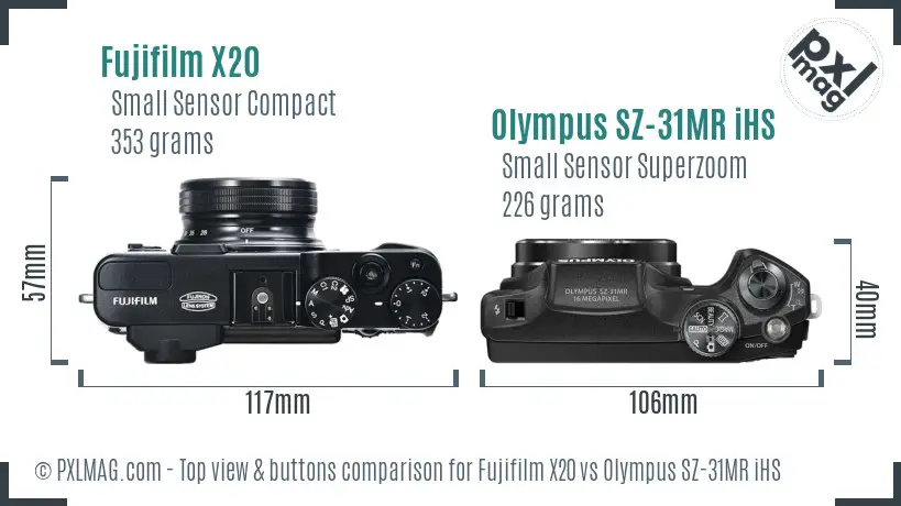 Fujifilm X20 vs Olympus SZ-31MR iHS top view buttons comparison Fujifilm X20 vs Olympus SZ-31MR iHS top view buttons comparison