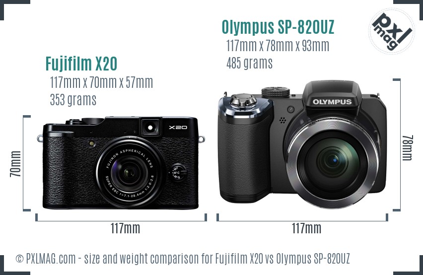 Fujifilm X20 vs Olympus SP-820UZ size comparison