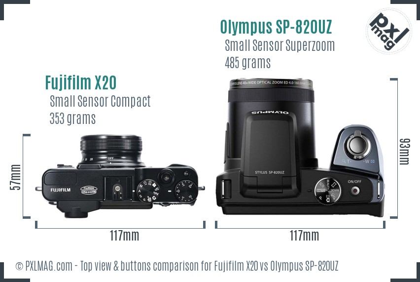 Fujifilm X20 vs Olympus SP-820UZ top view buttons comparison